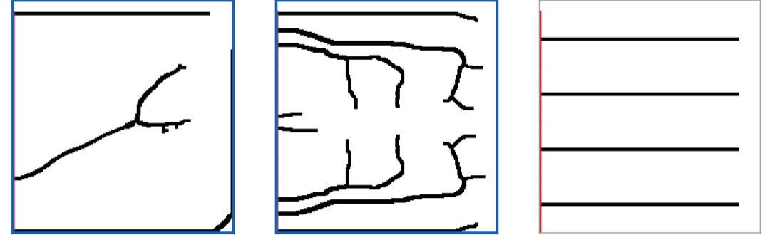 Three metallization designs on the same cell. The learned generator reaches 12.5 per cent, the gradient method 12.3 per cent, and a plain grid of four parallel fingers 13.2 per cent.